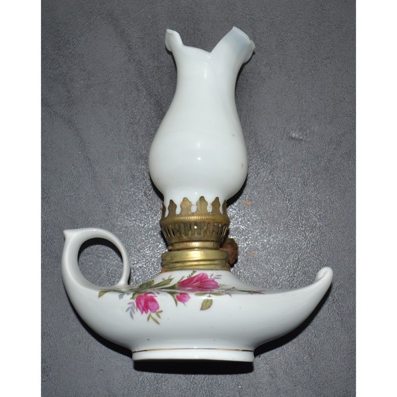 Porcelain Pink Rose Mini Genie Oil Lamp with White Glass Shade (Shade Damaged) - Picture 2 of 6